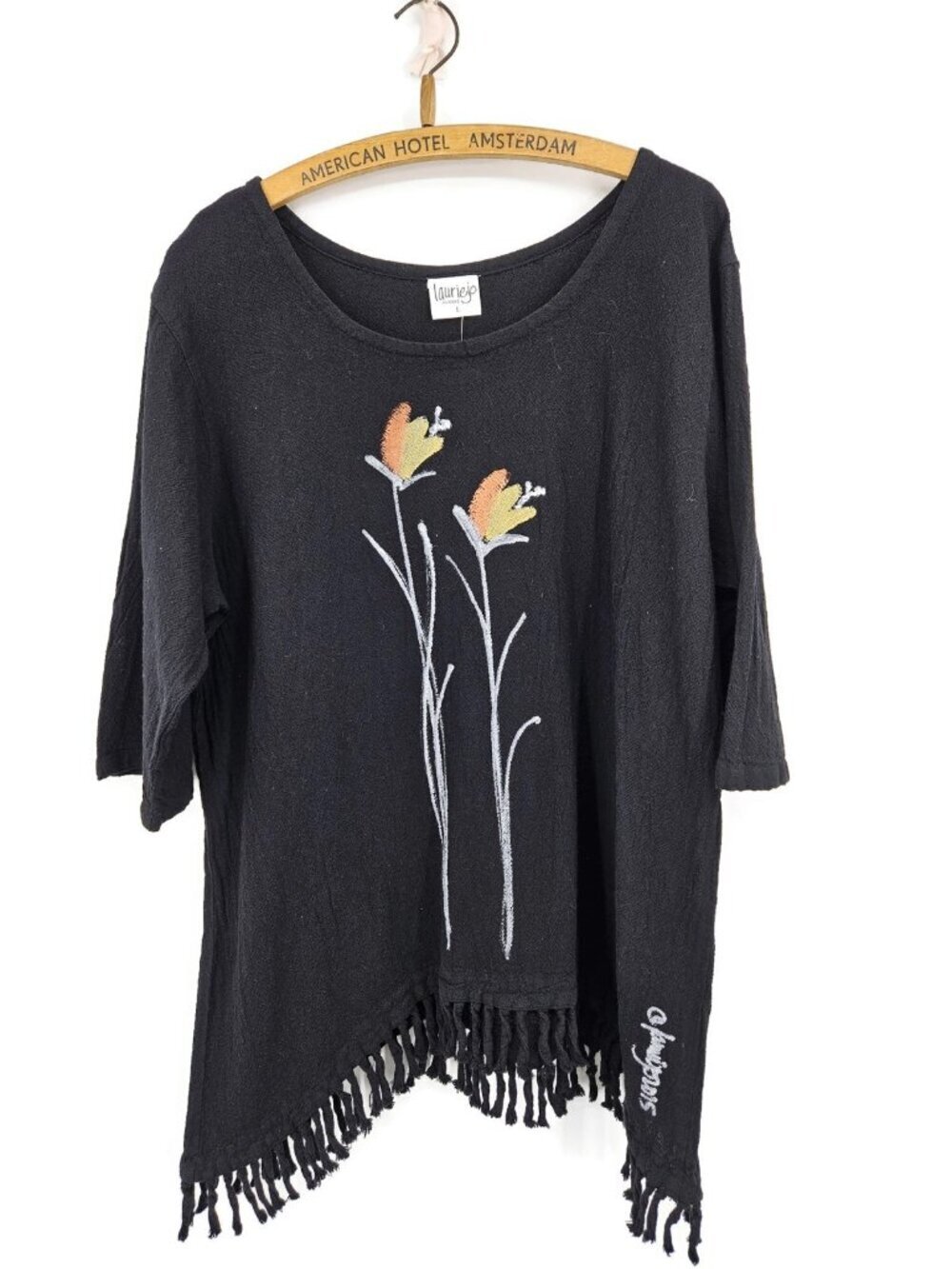 New Laurie Jo Designs Black Tunic Top Womens L Fringe Handpainted Floral